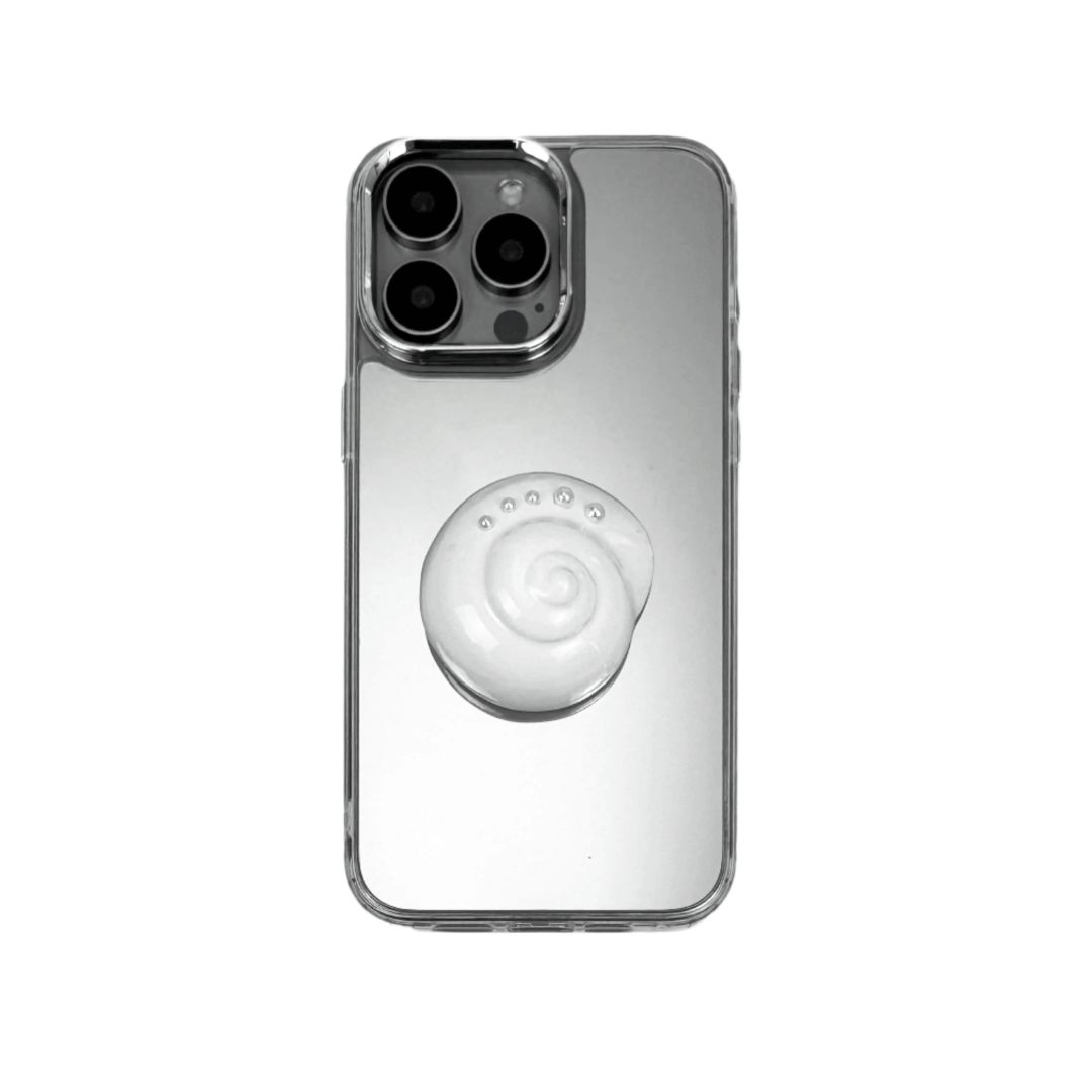 3D silver spiral seashell design centered on matte iPhone case, embedded with spherical accents.