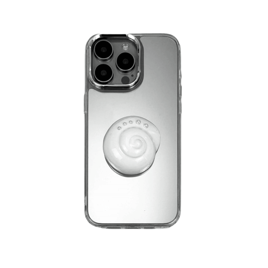 3D silver spiral seashell design centered on matte iPhone case, embedded with spherical accents.