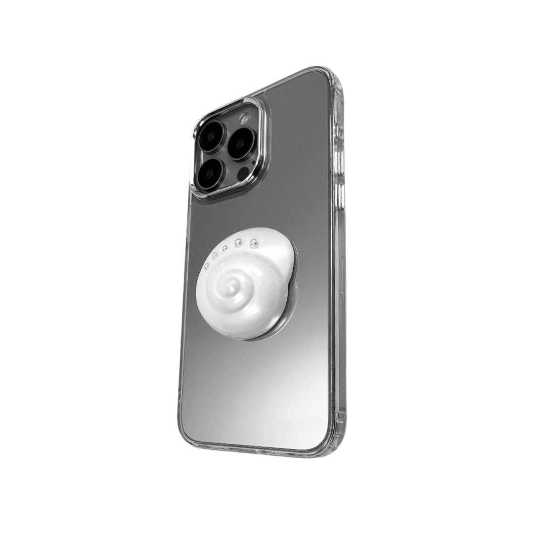 3D silver spiral seashell design centered on matte iPhone case, embedded with spherical accents.