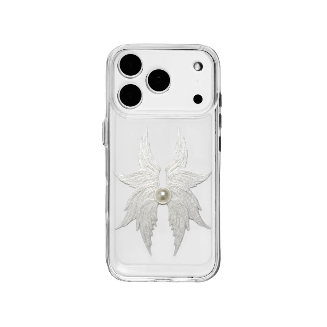 The Embroidered Angel Wings iPhone Case featuring intricate white feather/wing embroidery and a central pearl, shown on both the Crystal Clear (Transparent) and White Leather Texture base options.