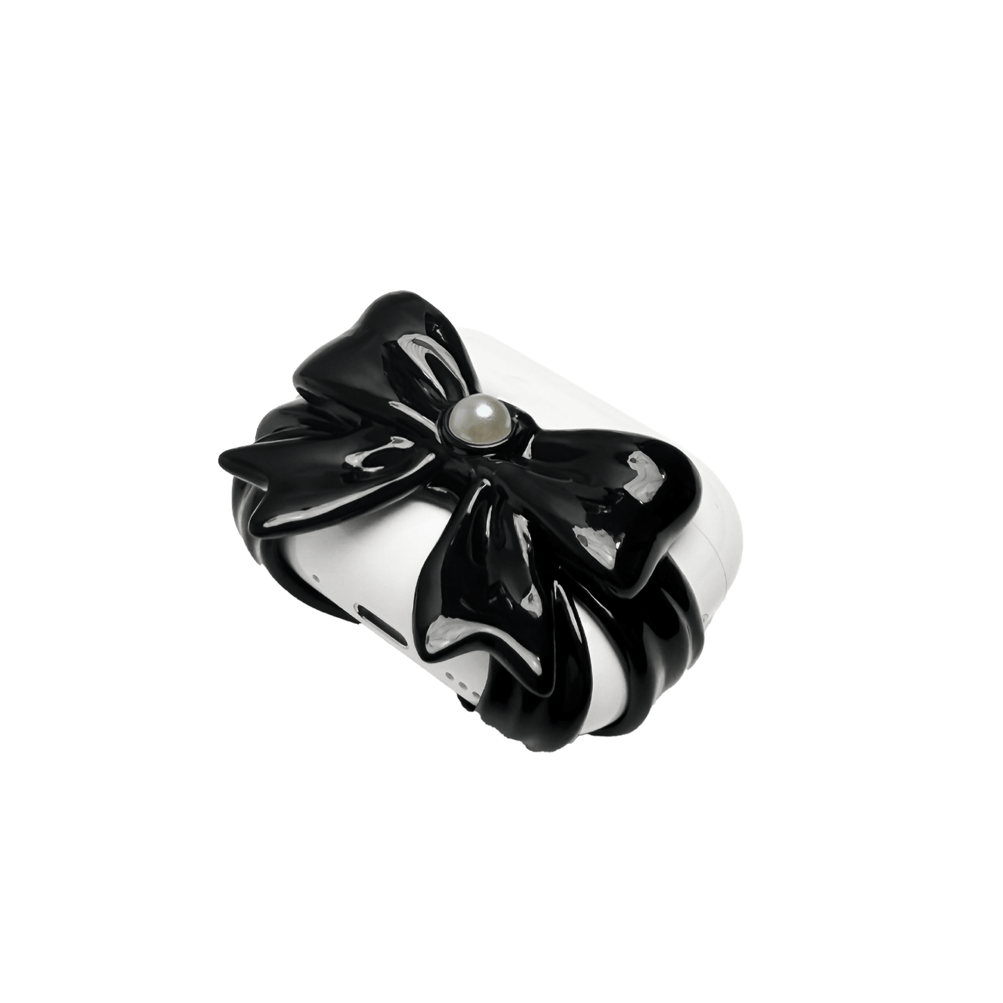 A pair of protective covers for Apple AirPods (or AirPods Pro) charging case. Each cover is white and features a large, 3D sculpted bow charm centered on the front. One bow is glossy black and the other is pure white, with a single white pearl embedded in the center of each.