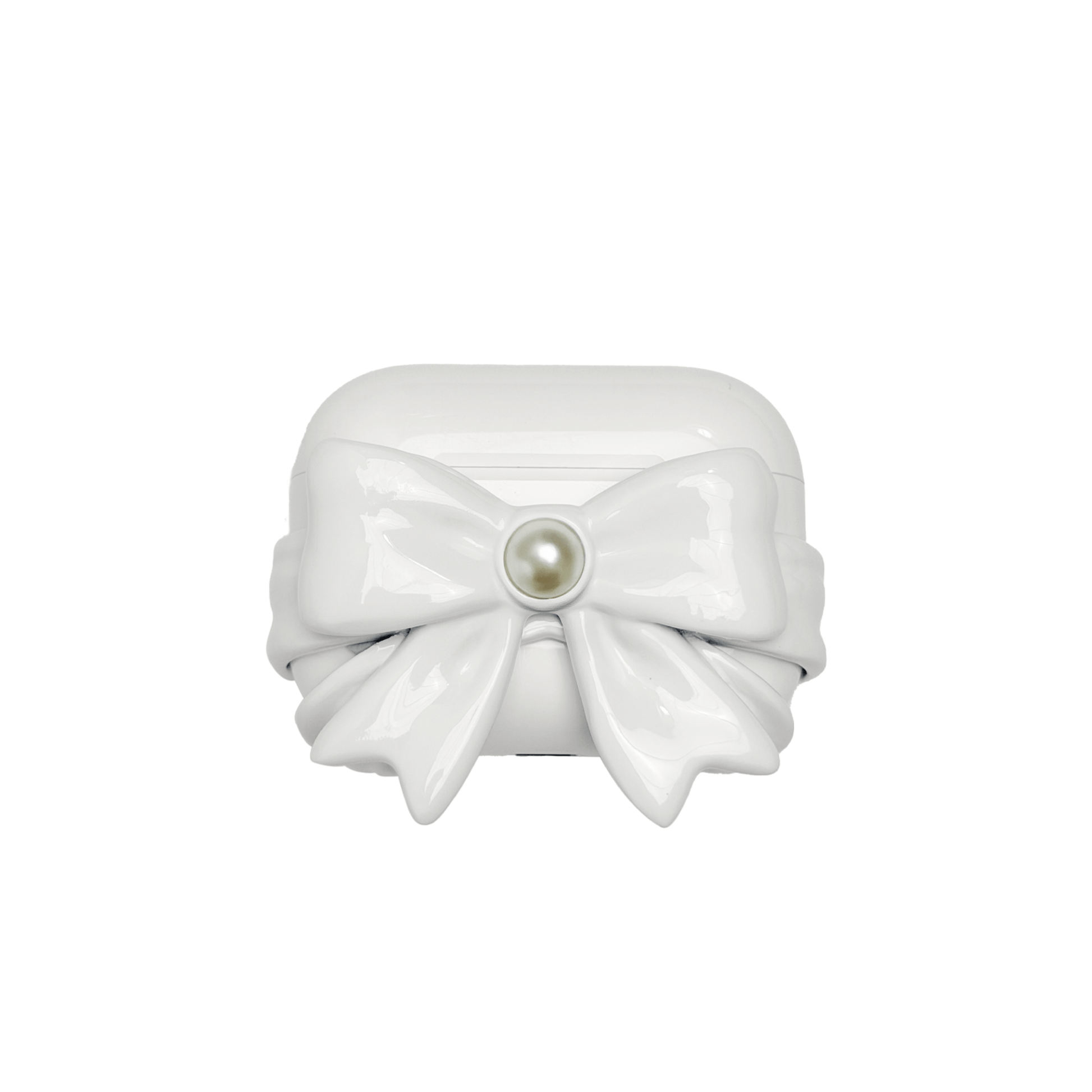 Elegant monochromatic white bow-shaped AirPods case cover, featuring a central luminous white pearl and a soft pearlescent finish, minimalist balletcore aesthetic.
清楚なオールホワイトのリボン型AirPodsケースカバー。中央に輝く一粒のパールをあしらった、ミニマルなバレエコアデザイン。