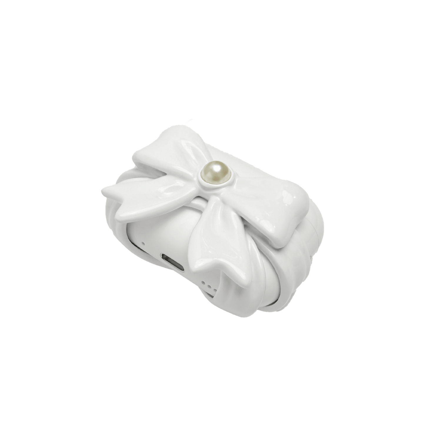A pair of protective covers for Apple AirPods (or AirPods Pro) charging case. Each cover is white and features a large, 3D sculpted bow charm centered on the front. One bow is glossy black and the other is pure white, with a single white pearl embedded in the center of each.
