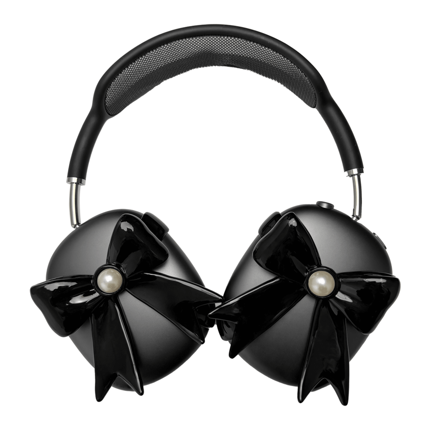 A pair of protective covers for the AirPods Max headphones, featuring a large, 3D bow charm on each ear cup cover. One set is matte black with black bows, and the other is metallic silver with white bows. A white pearl is centered on each bow.