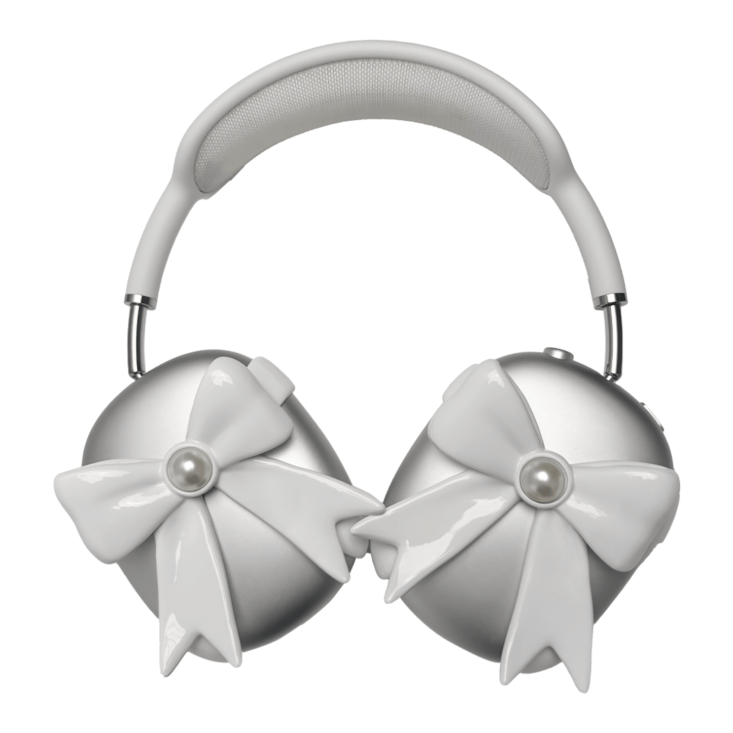 A pair of protective covers for the AirPods Max headphones, featuring a large, 3D bow charm on each ear cup cover. One set is matte black with black bows, and the other is metallic silver with white bows. A white pearl is centered on each bow.