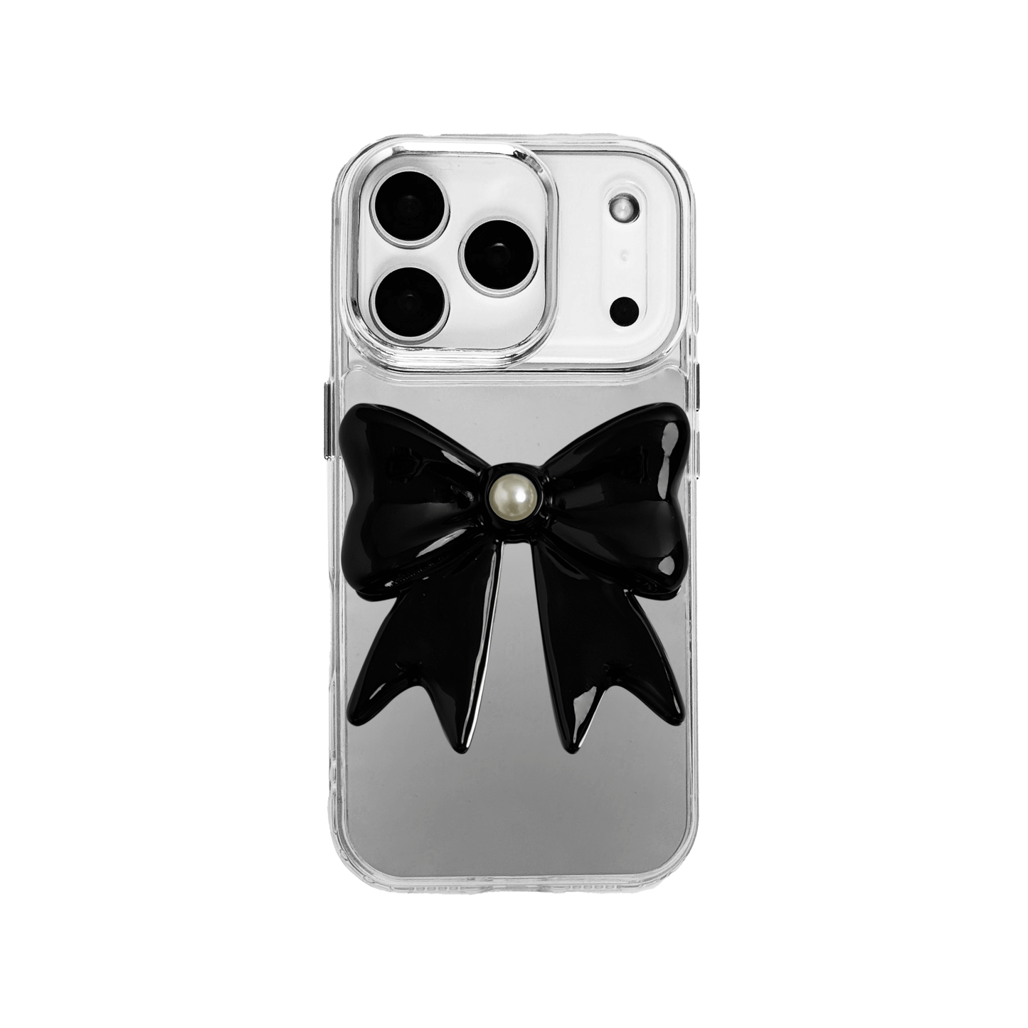 A set of two iPhone cases, both featuring a large, 3D bow charm centered on the back. One case shows a black bow and the other a white bow, with a single white pearl embedded at the center of each bow. The phone cases appear to have a silver or transparent base.