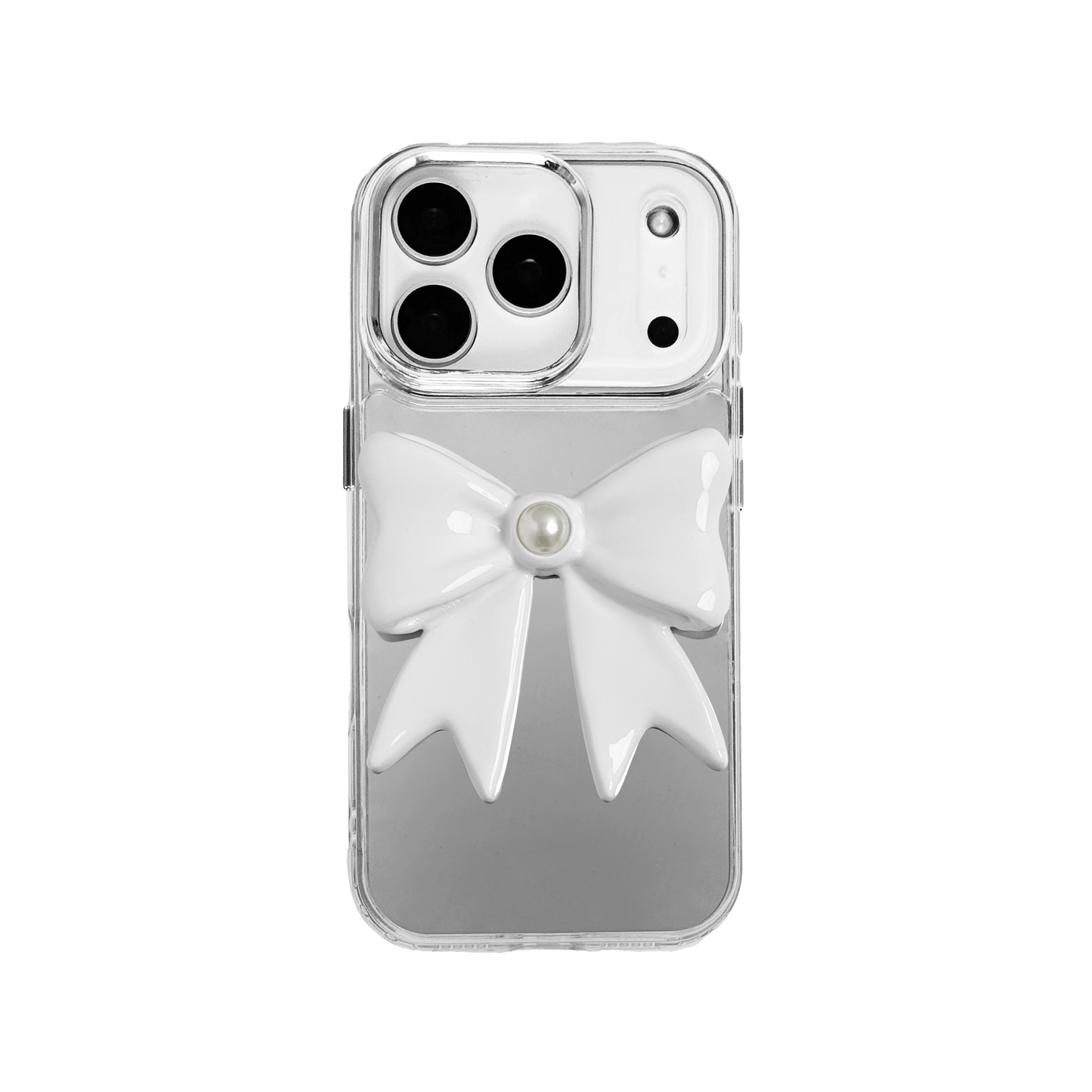 A set of two iPhone cases, both featuring a large, 3D bow charm centered on the back. One case shows a black bow and the other a white bow, with a single white pearl embedded at the center of each bow. The phone cases appear to have a silver or transparent base.