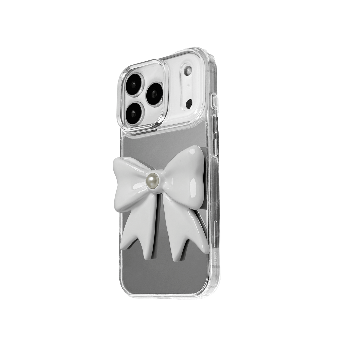 A set of two iPhone cases, both featuring a large, 3D bow charm centered on the back. One case shows a black bow and the other a white bow, with a single white pearl embedded at the center of each bow. The phone cases appear to have a silver or transparent base.