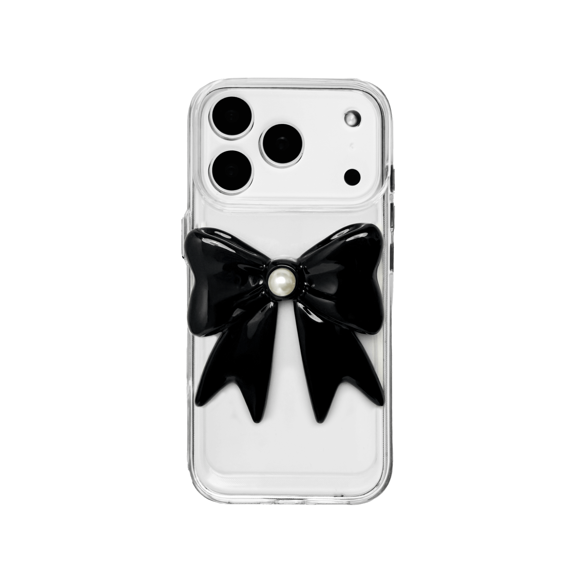 A set of two iPhone cases, both featuring a large, 3D bow charm centered on the back. One case shows a black bow and the other a white bow, with a single white pearl embedded at the center of each bow. The phone cases appear to have a silver or transparent base.