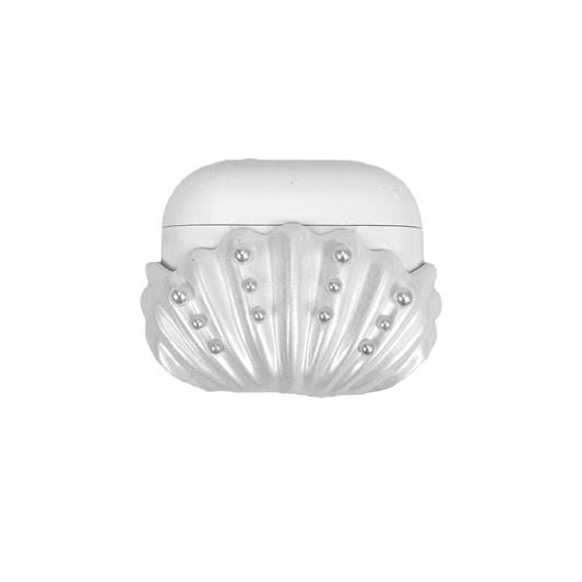Shell-shaped headphone accessory with flowing ridges and embedded pearl-like orbs, designed to wrap around the device in a soft, ocean-inspired form.