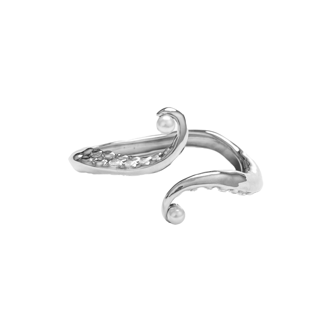 Black and silver octopus-inspired bracelet with pearl detail.