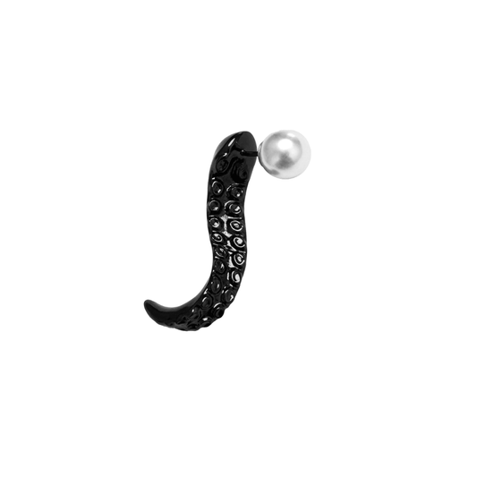 Pearl Octopus Earrings — sculptural earrings shaped like octopus tentacles, available in black and silver, featuring detailed suction textures and a fluid, curved silhouette.