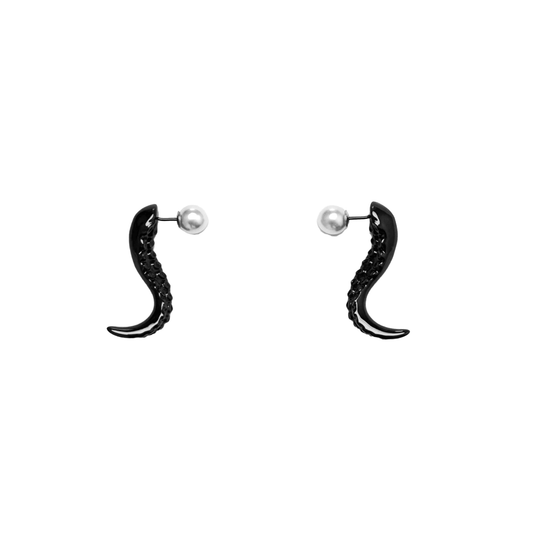 Pearl Octopus Earrings — sculptural earrings shaped like octopus tentacles, available in black and silver, featuring detailed suction textures and a fluid, curved silhouette.