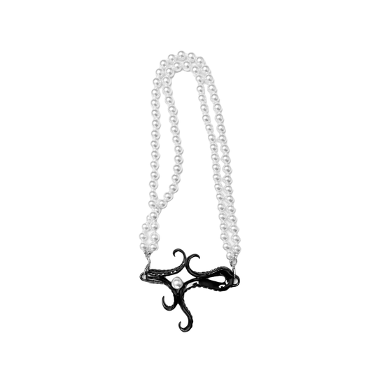 Pearl Octopus Necklace featuring an octopus tentacle pendant with a double-strand pearl chain
