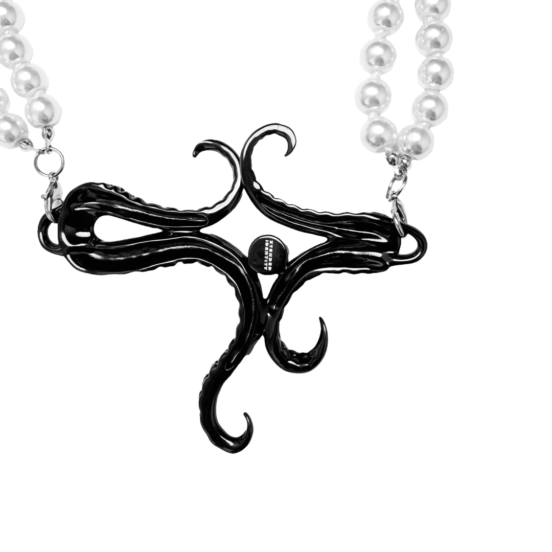 Pearl Octopus Necklace featuring an octopus tentacle pendant with a double-strand pearl chain