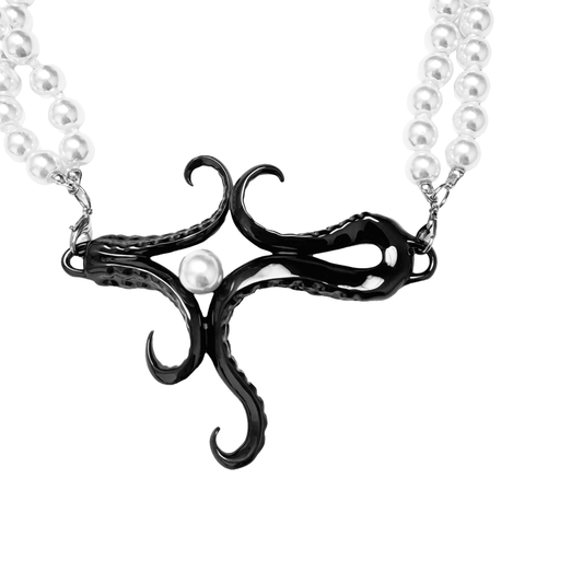 Pearl Octopus Necklace featuring an octopus tentacle pendant with a double-strand pearl chain