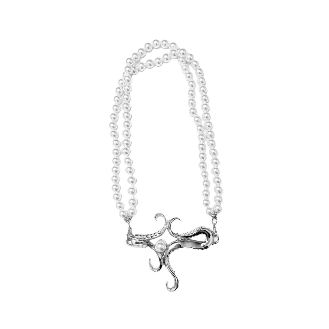 Pearl Octopus Necklace featuring an octopus tentacle pendant with a double-strand pearl chain