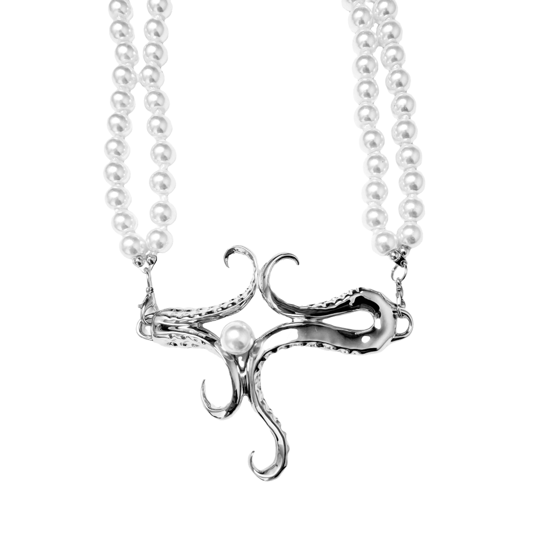 Pearl Octopus Necklace featuring an octopus tentacle pendant with a double-strand pearl chain