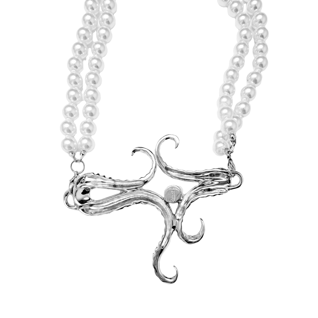 Pearl Octopus Necklace featuring an octopus tentacle pendant with a double-strand pearl chain