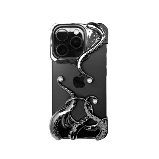 Pearl Octopus iPhone Case with octopus claw design and embedded pearls, available in silver and black