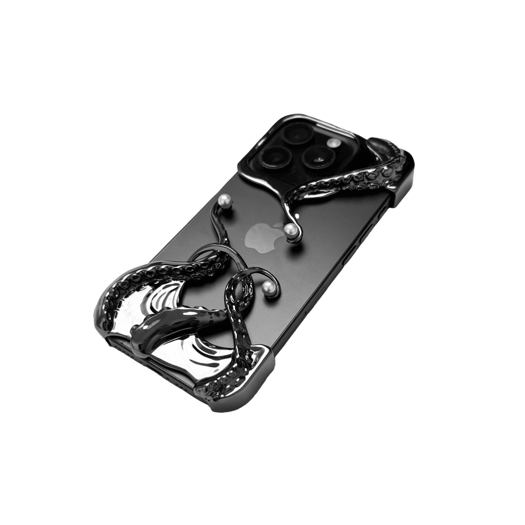 Pearl Octopus iPhone Case with octopus claw design and embedded pearls, available in silver and black