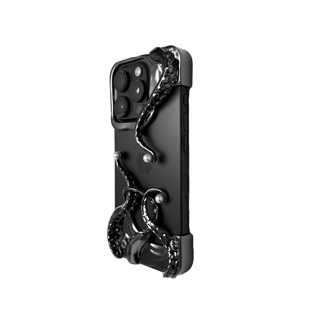 Pearl Octopus iPhone Case with octopus claw design and embedded pearls, available in silver and black