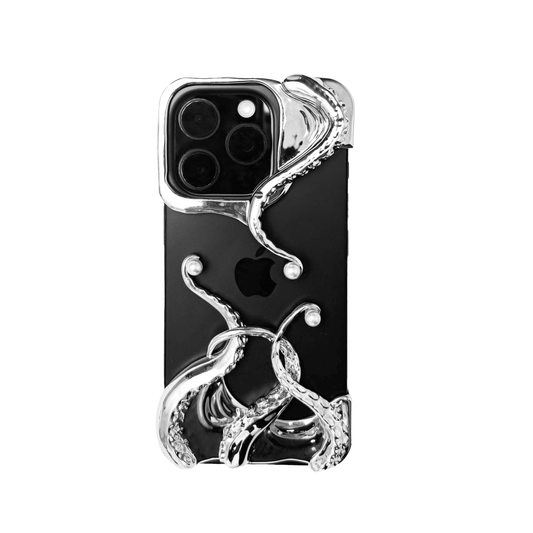 Pearl Octopus iPhone Case with octopus claw design and embedded pearls, available in silver and black