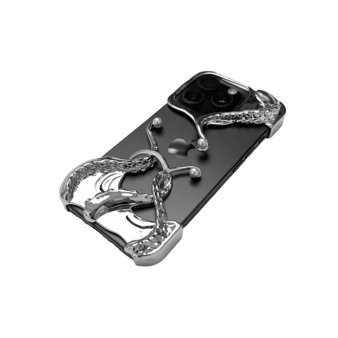 Pearl Octopus iPhone Case with octopus claw design and embedded pearls, available in silver and black