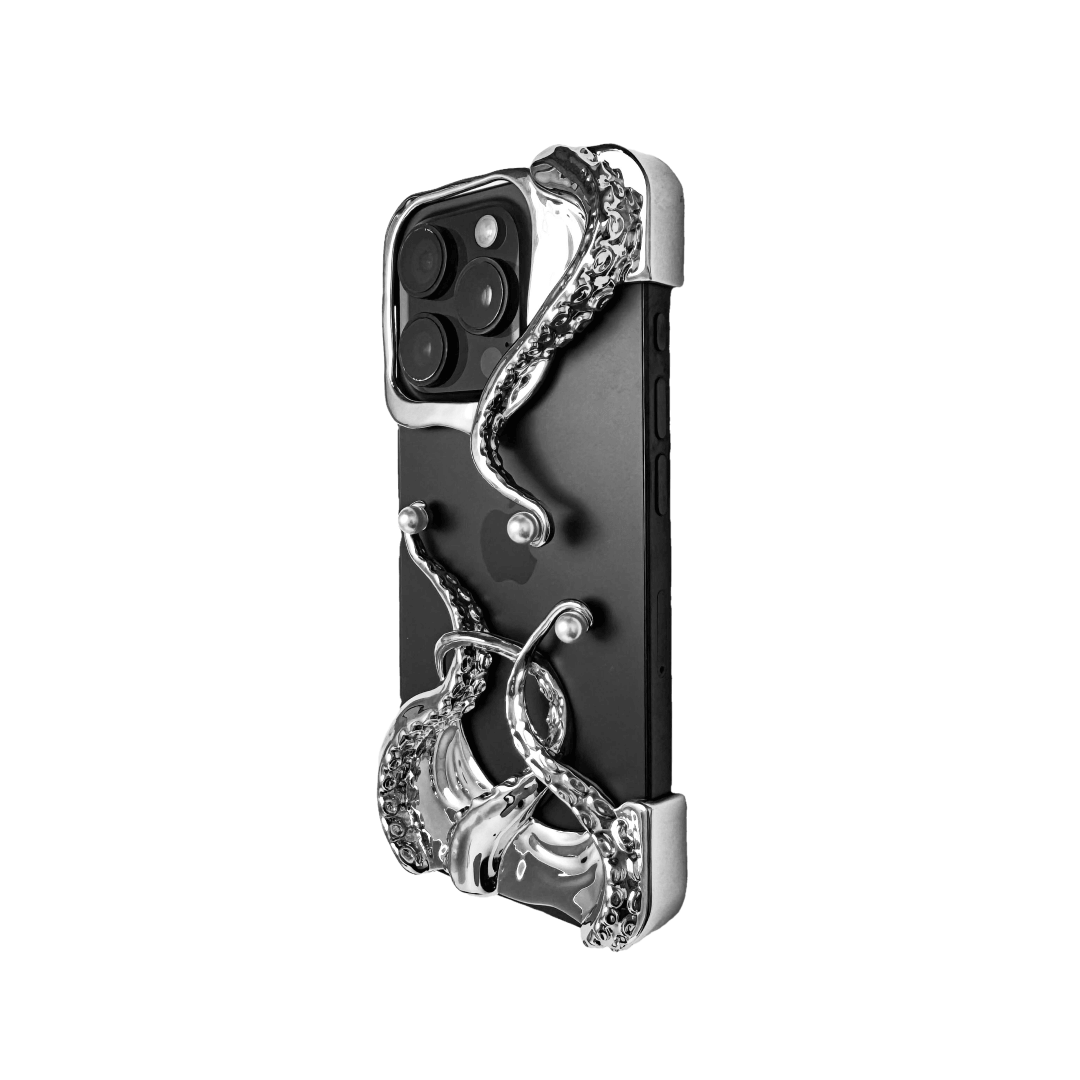 Pearl Octopus iPhone Case with octopus claw design and embedded pearls, available in silver and black