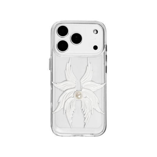 Pearl Seraphim iPhone Case with hand-painted pearlescent angel wing emblem, featuring a luminous coated finish on a transparent or white leather-textured case.