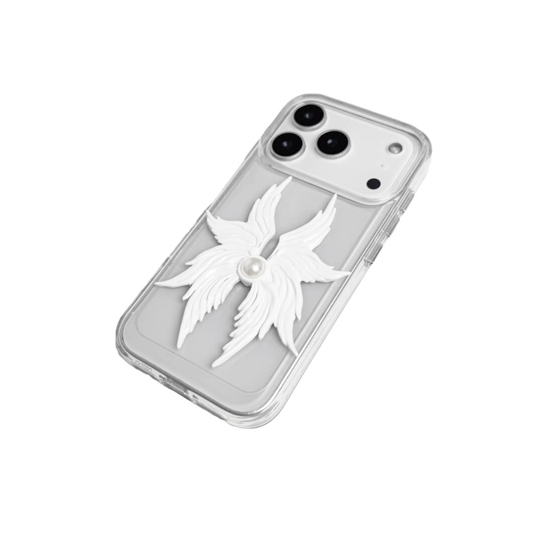 Pearl Seraphim iPhone Case with hand-painted pearlescent angel wing emblem, featuring a luminous coated finish on a transparent or white leather-textured case.