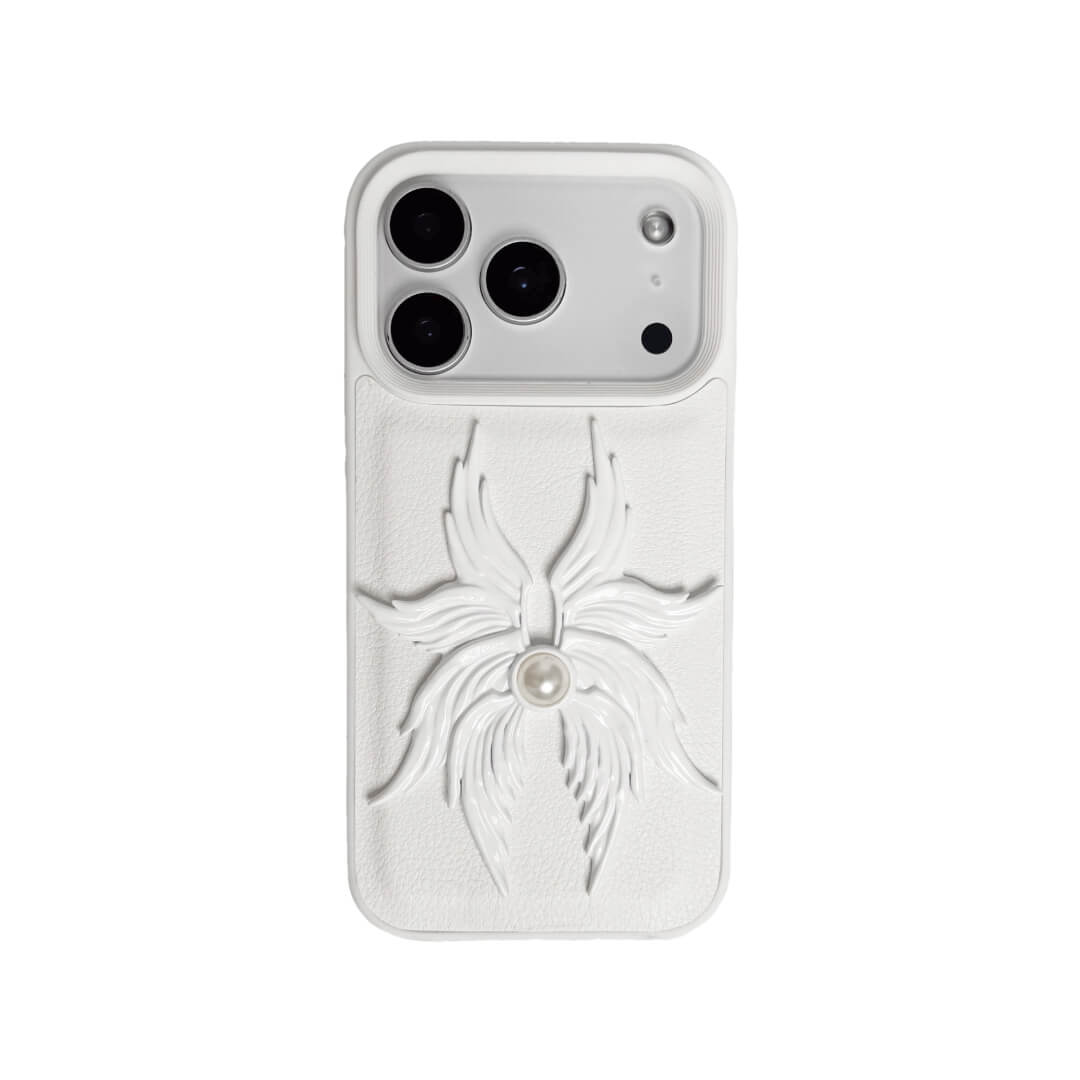 Pearl Seraphim iPhone Case with hand-painted pearlescent angel wing emblem, featuring a luminous coated finish on a transparent or white leather-textured case.