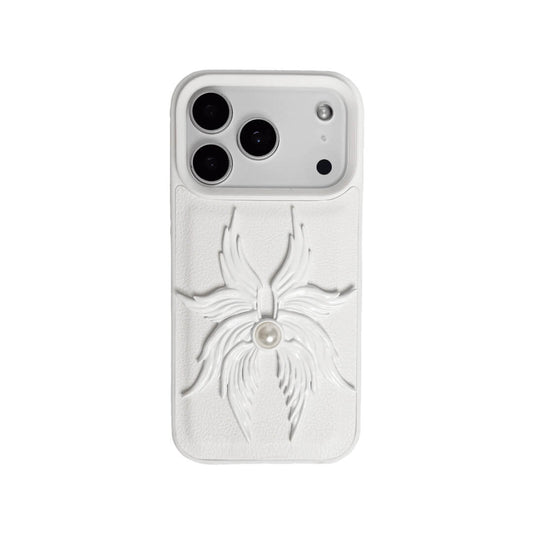 Pearl Seraphim iPhone Case with hand-painted pearlescent angel wing emblem, featuring a luminous coated finish on a transparent or white leather-textured case.