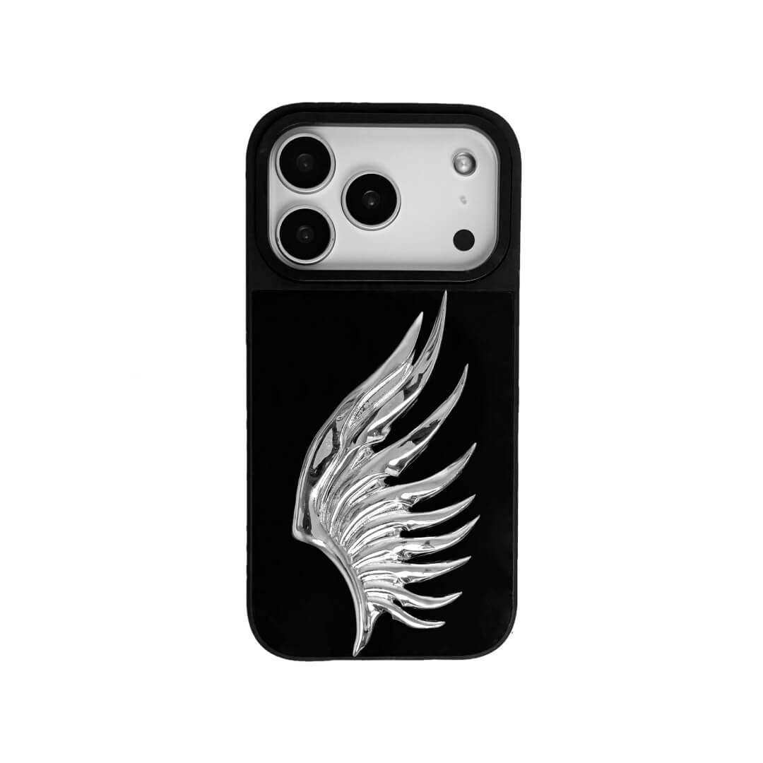 The Sculpted Silver Feather iPhone Case featuring a single 3D metallic feather with an intricate texture and high-shine chrome finish. Shown in three base variations: Silver, Transparent, and Black.