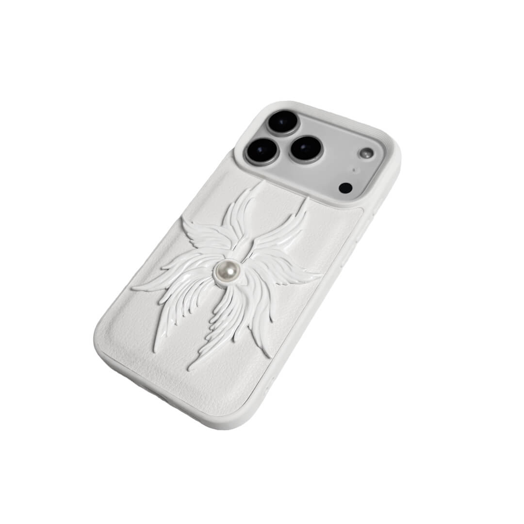 Pearl Seraphim iPhone Case with hand-painted pearlescent angel wing emblem, featuring a luminous coated finish on a transparent or white leather-textured case.