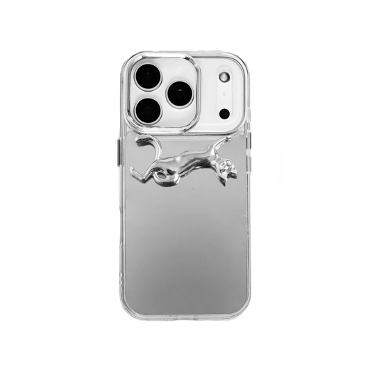 A high-end iPhone case featuring a 3D sculpted prowling cat with a reflective silver chrome finish. Available in two variations: a futuristic Reflective Silver base and a moody Sleek Black base, highlighting the fluid, muscular lines of the feline silhouette.