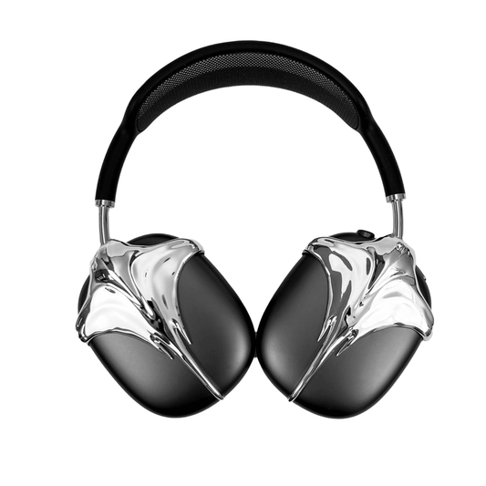 Futuristic headphones featuring a sculpted metallic stingray design with flowing, aerodynamic wings and a sharp central tail motif.
