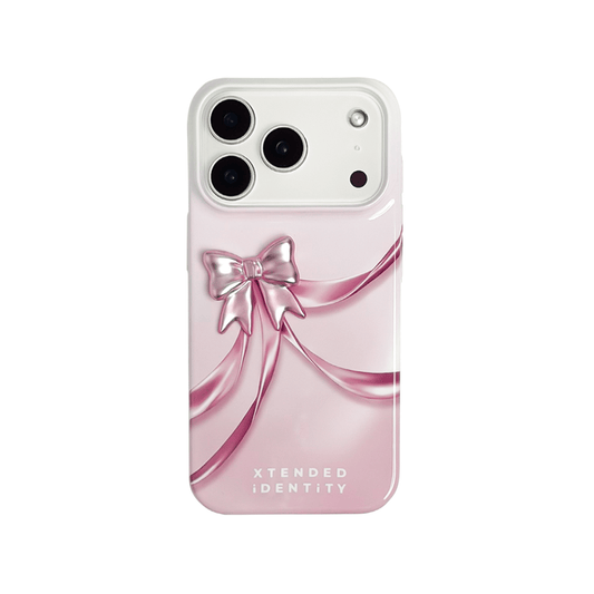 Ribbon Bow Pattern iPhone Case featuring printed bows in pink, purple, or black, each with a matching 3D bow accent attached on top. A chic and coordinated design that blends playfulness with luxury.