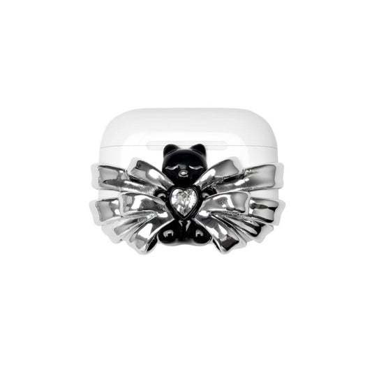 Silver ribbon AirPods cover with a black bear charm and heart centerpiece
