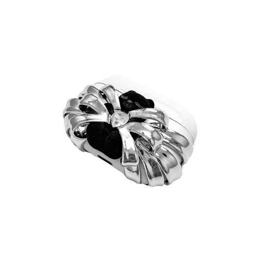 Silver ribbon AirPods cover with a black bear charm and heart centerpiece