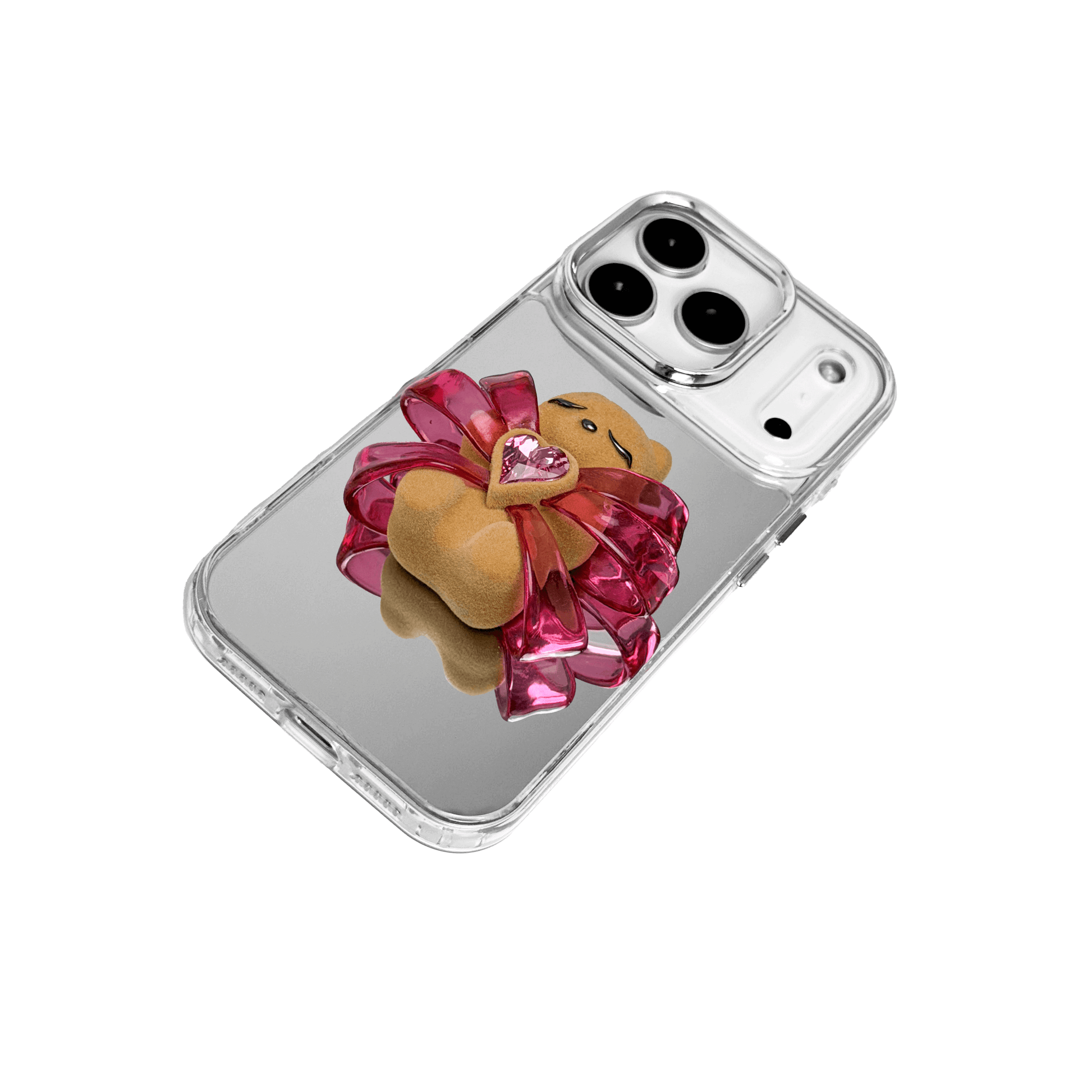 Ribbon Magic Bear iPhone Case – Pink Edition featuring a beige gummy bear holding a pink crystal heart, framed by shimmering metallic pink ribbons.
