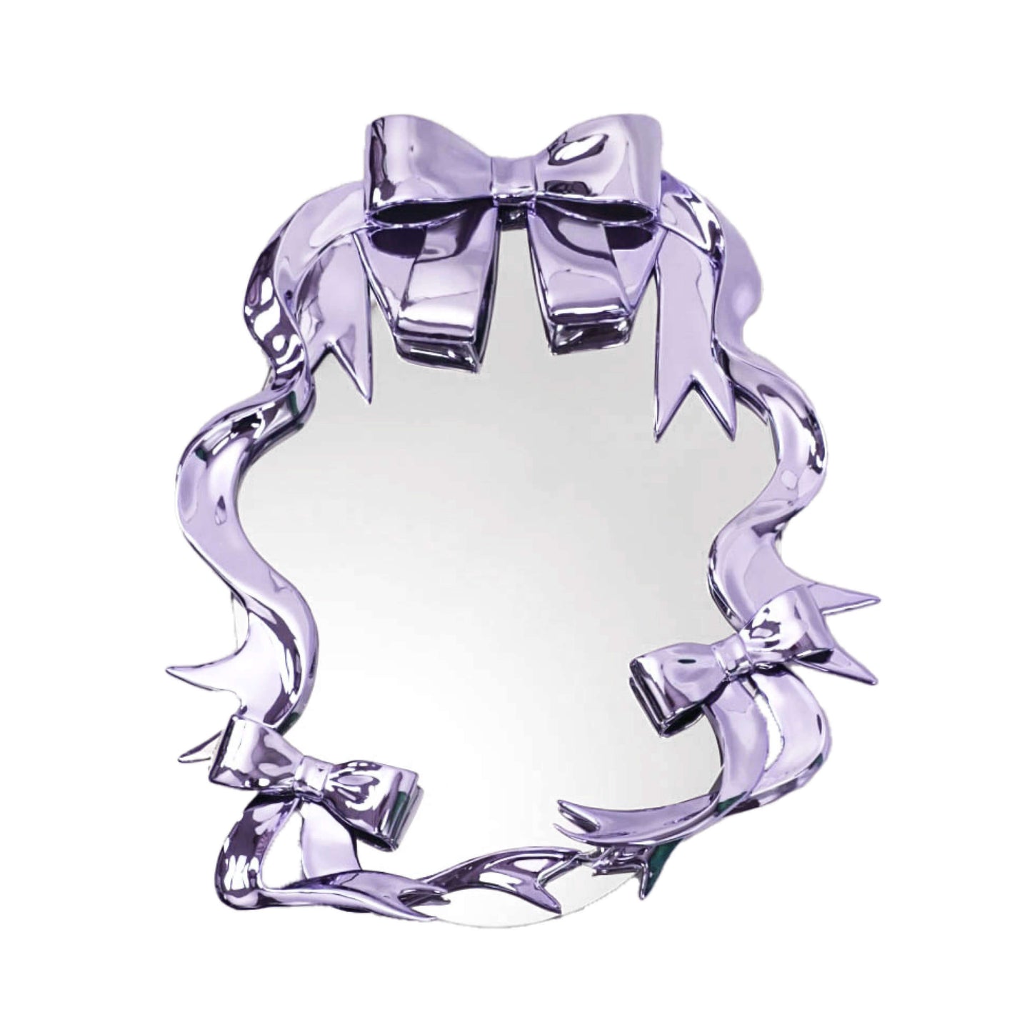 Futuristic 3D ribbon mirror in glossy pink chrome – sculptural bow-and-streamer frame surrounding an oval reflective surface with playful baroque flair