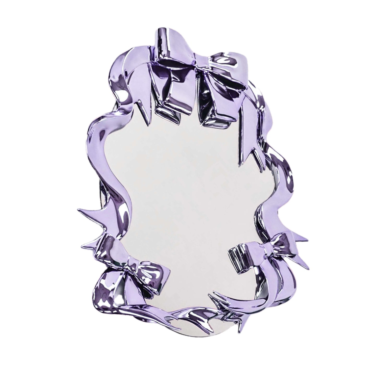 Futuristic 3D ribbon mirror in glossy pink chrome – sculptural bow-and-streamer frame surrounding an oval reflective surface with playful baroque flair