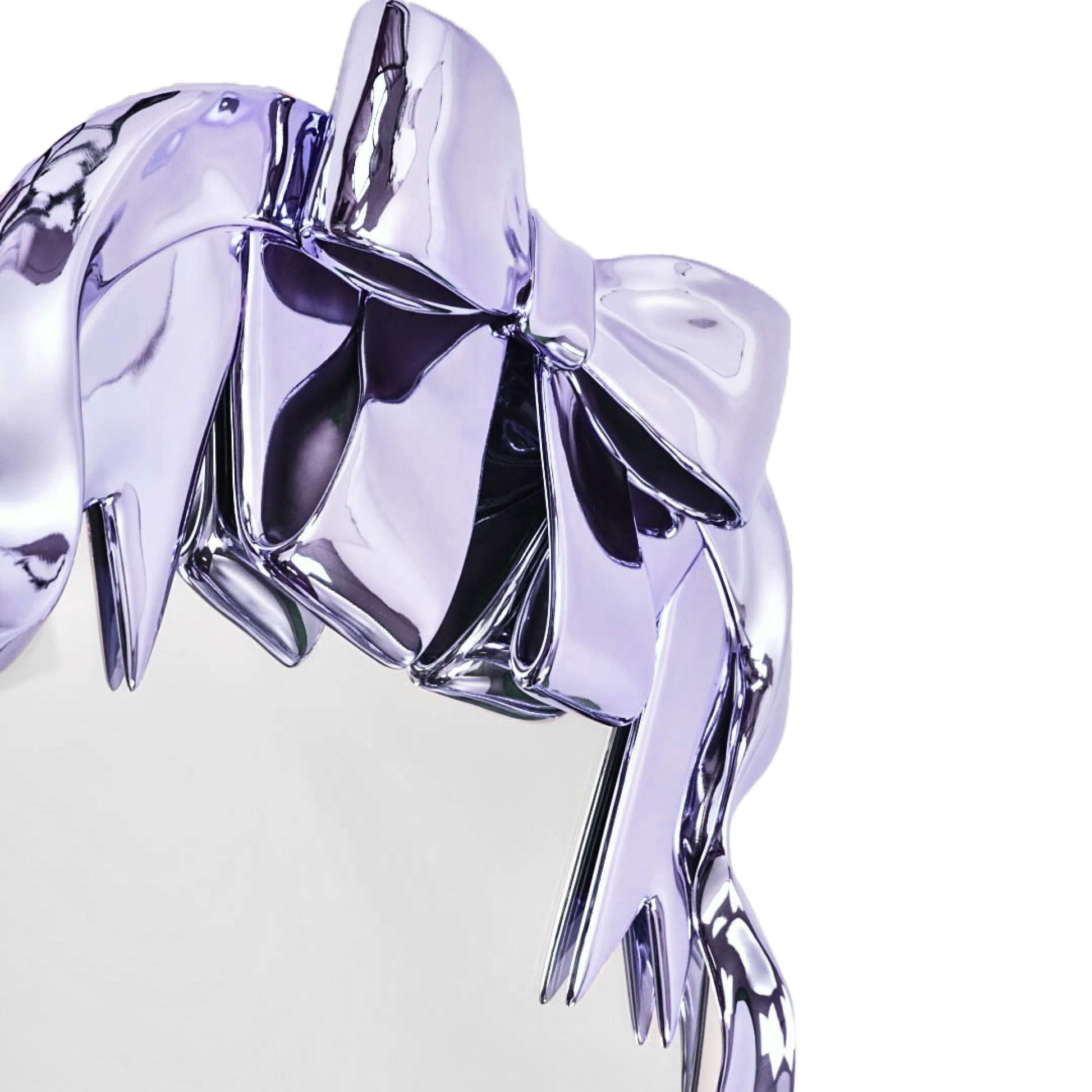 Futuristic 3D ribbon mirror in glossy pink chrome – sculptural bow-and-streamer frame surrounding an oval reflective surface with playful baroque flair