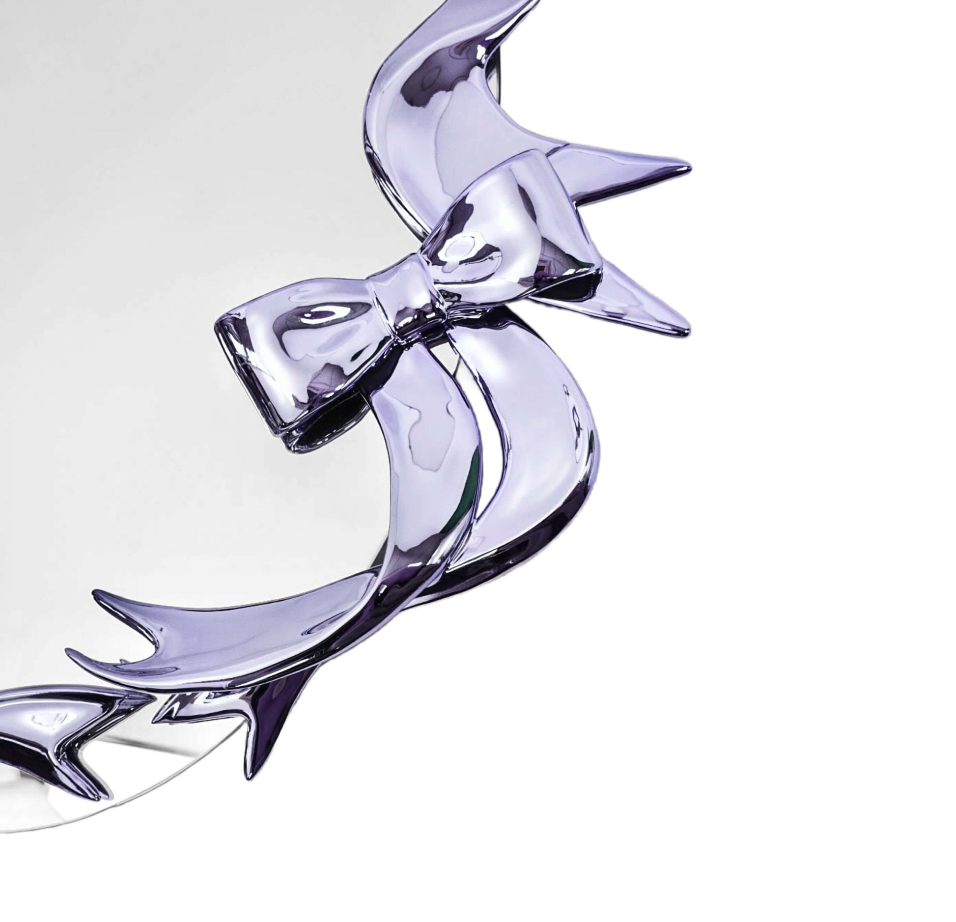 Futuristic 3D ribbon mirror in glossy pink chrome – sculptural bow-and-streamer frame surrounding an oval reflective surface with playful baroque flair