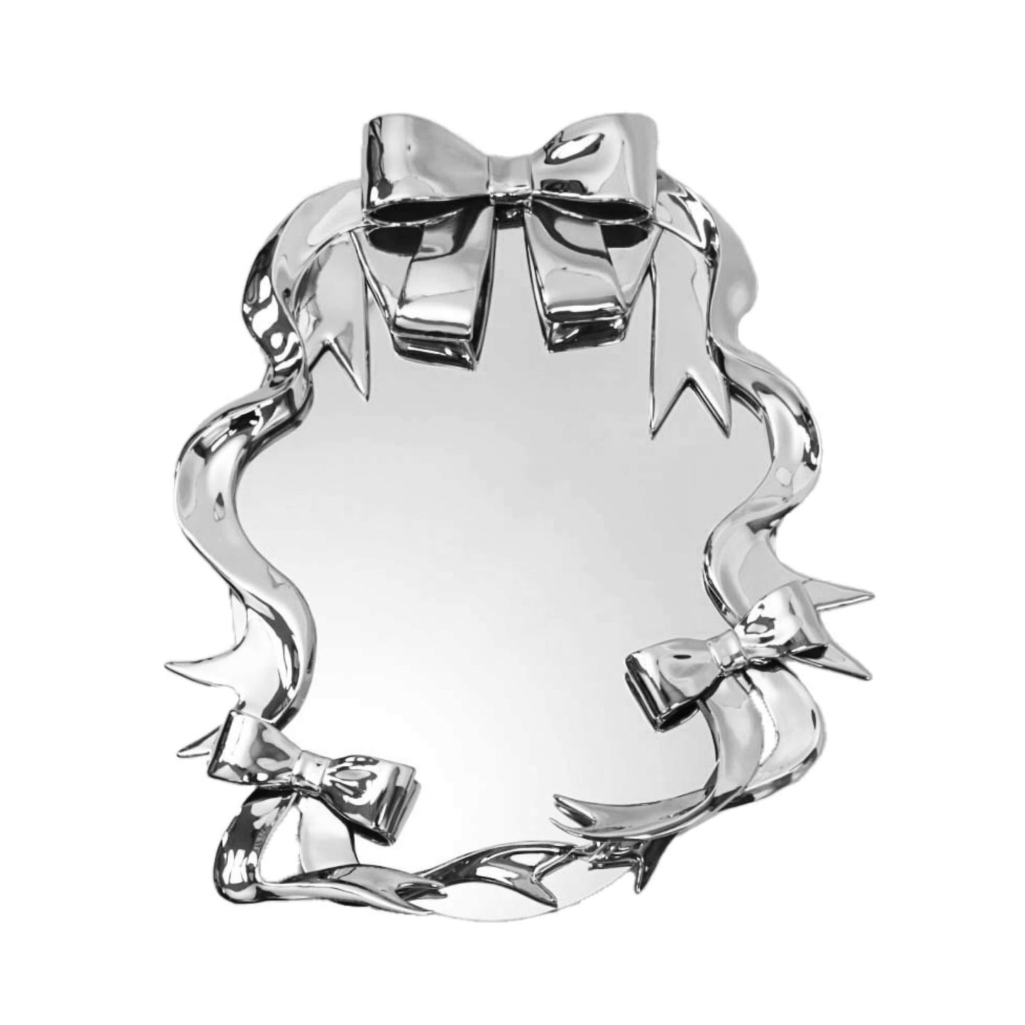 Futuristic 3D ribbon mirror in glossy pink chrome – sculptural bow-and-streamer frame surrounding an oval reflective surface with playful baroque flair