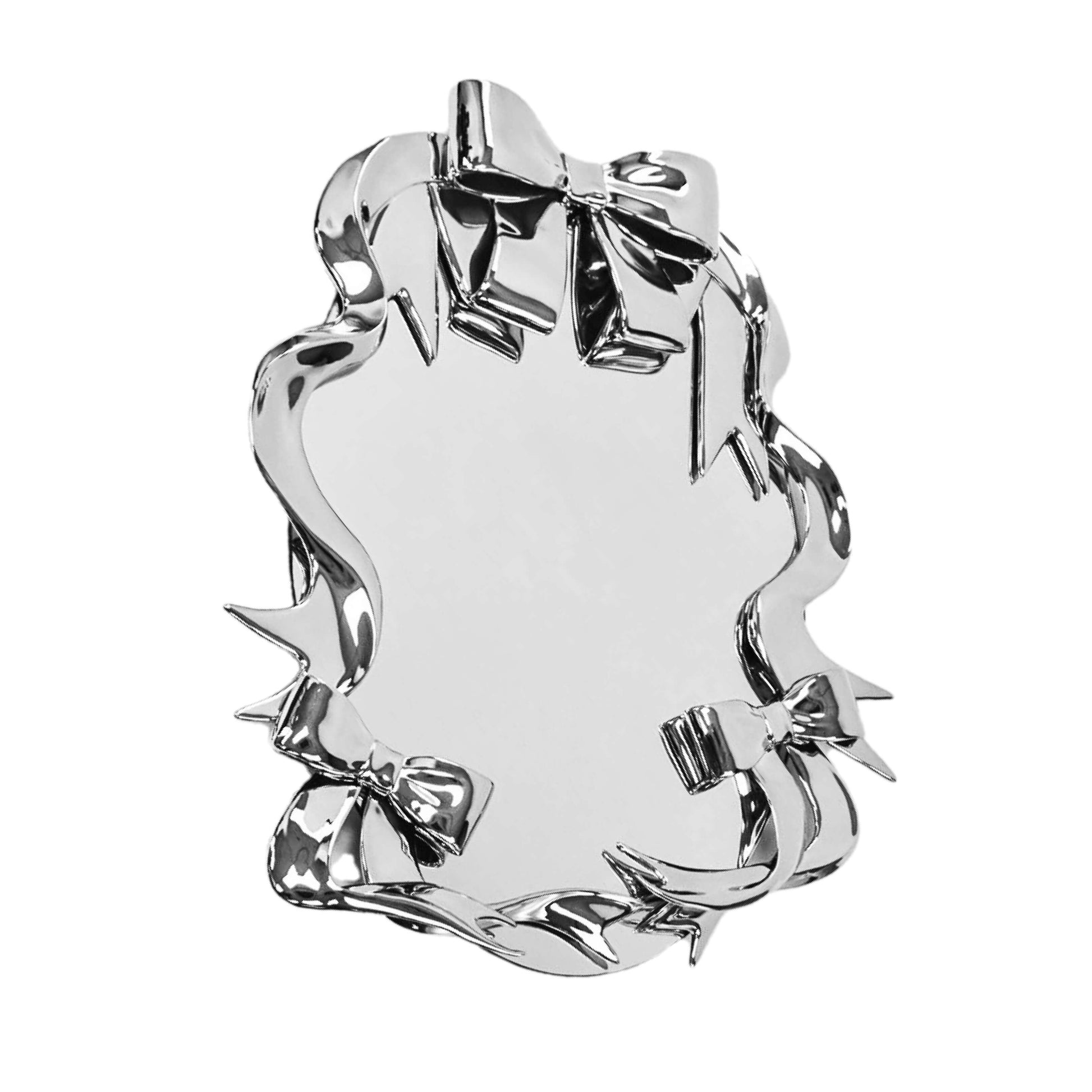 Futuristic 3D ribbon mirror in glossy pink chrome – sculptural bow-and-streamer frame surrounding an oval reflective surface with playful baroque flair