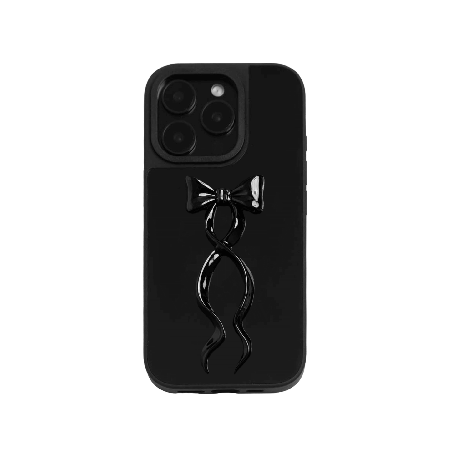 A collection of five clear or silver-based iPhone cases, each featuring a large, centered illustration of a long, stylized ribbon bow. The bows come in five colors: silver, glossy black, white, pink, and purple.