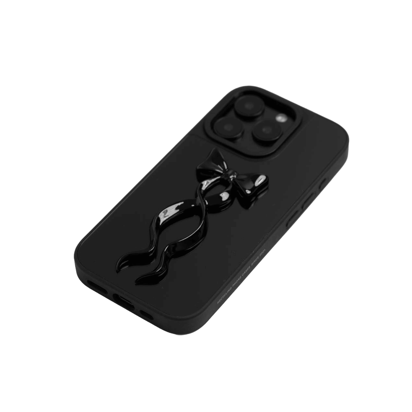 A collection of five clear or silver-based iPhone cases, each featuring a large, centered illustration of a long, stylized ribbon bow. The bows come in five colors: silver, glossy black, white, pink, and purple.