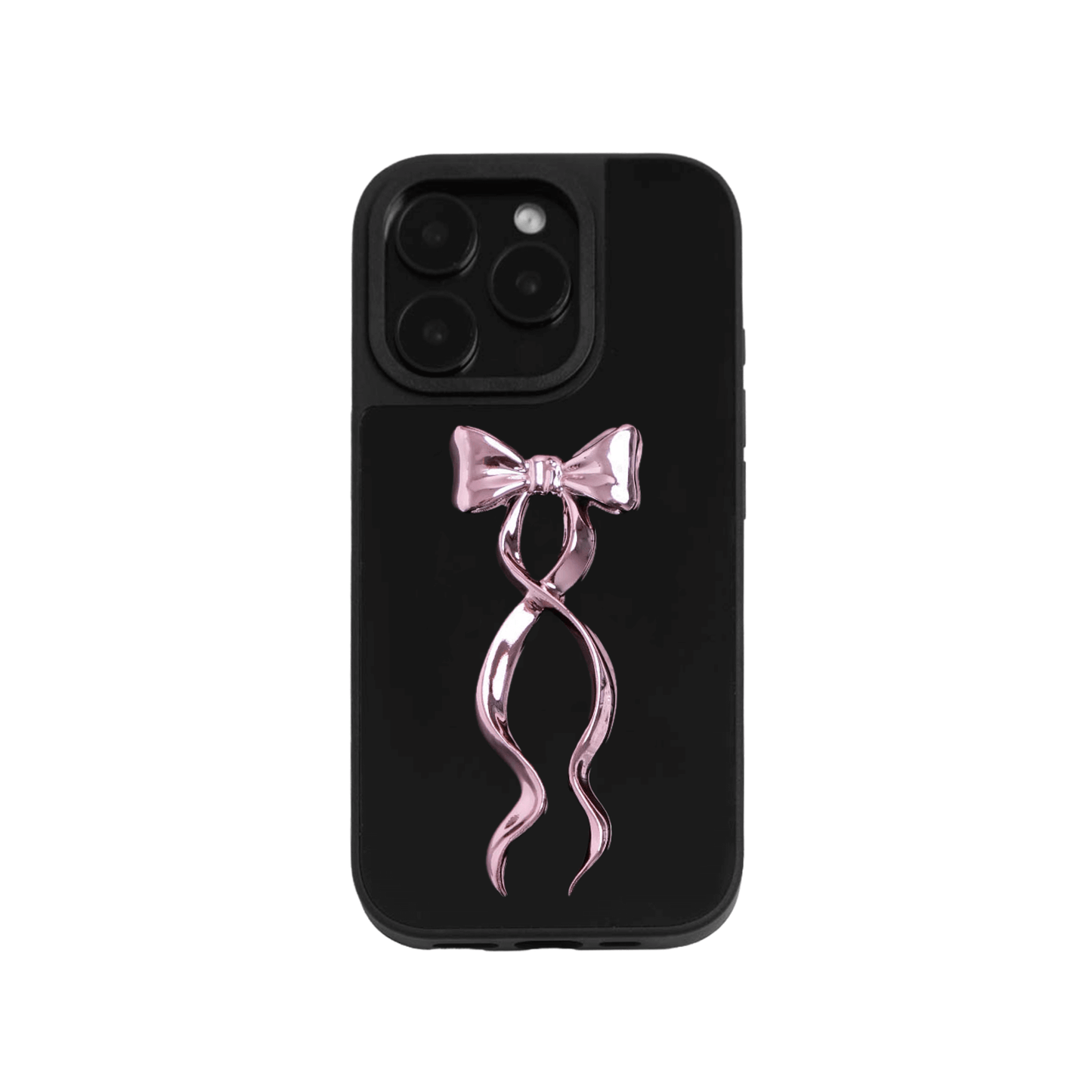A collection of five clear or silver-based iPhone cases, each featuring a large, centered illustration of a long, stylized ribbon bow. The bows come in five colors: silver, glossy black, white, pink, and purple.